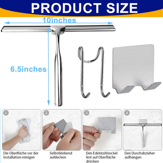 Shower Squeegee for Shower Doors, Bathroom, Window and Car Glass, Stainless Steel, Non-Slip Handle, Long Blade, with Door Hook and Adhesive Hook