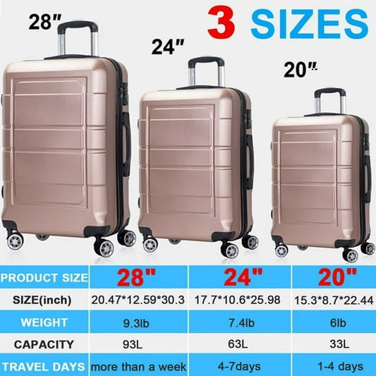 Musment 3 Piece Luggage Sets ,ABS Hardshell Lightweight Suitcase with TSA Lock Double Spinner Wheels, Rose Gold