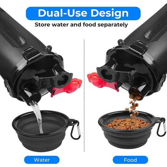 Dog Travel Water Bottle Collapsible Dog Bowls, 2 in 1 Pet Food Container, Portable Dog Bowls Water Bottle with Dog Poop Bag Dispenser for Walking, Camping, and Hiking (Black)