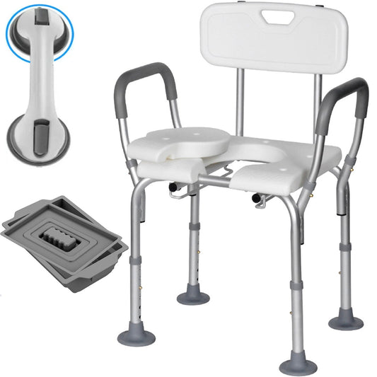 Shower Chair, Shower Stool with Shower Grab Bar for Bathtub, Bedside Commode with Detachable Bucket for Elderly, Seniors, Disabled, White