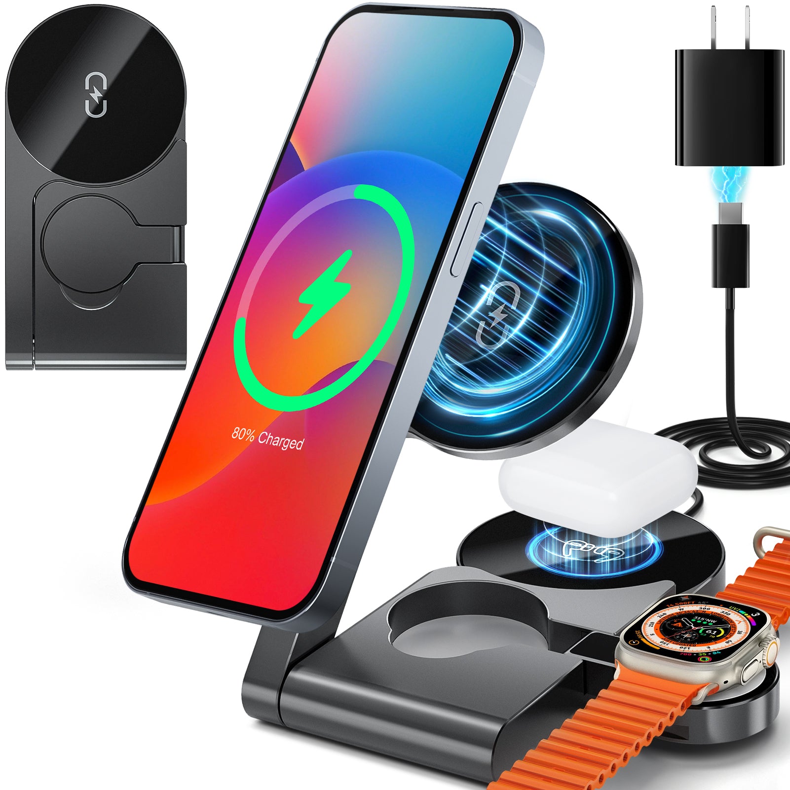 UltraQ 3 in 1 Wireless Charging Station, Ultrathin Foldable Aluminum Alloy Wireless Charger for iPhone 16/15/14/13/12 Series, AirPods Magsafe Charger for iWatch Series