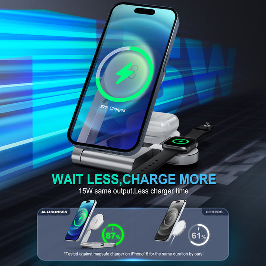 UltraQ 3 in 1 Wireless Charging Station, Ultrathin Foldable Aluminum Alloy Wireless Charger for iPhone 16/15/14/13/12 Series, AirPods Magsafe Charger for iWatch Series