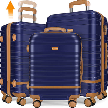 3 Piece Luggage Sets, ABS Hardshell Hardside Checked Luggage with TSA Lock and Double Spinner Wheels Suitcase, Deep Blue