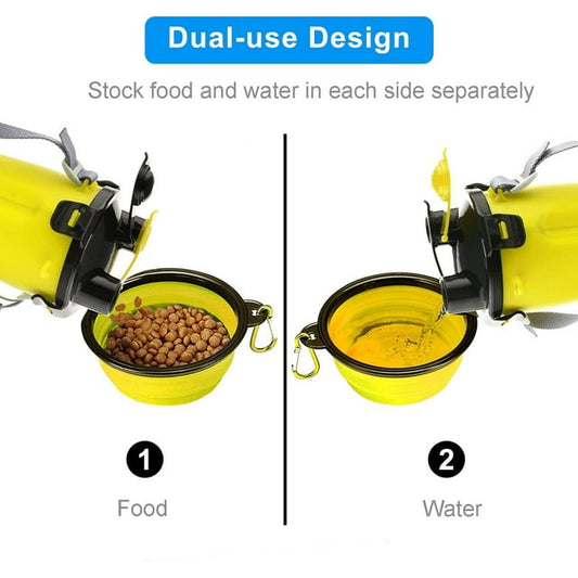 Dog Travel Water Bottle Collapsible Dog Bowls, 2 in 1 Pet Food Container, Portable Dog Bowls Water Bottle with Dog Poop Bag Dispenser for Walking, Camping, and Hiking (Yellow)