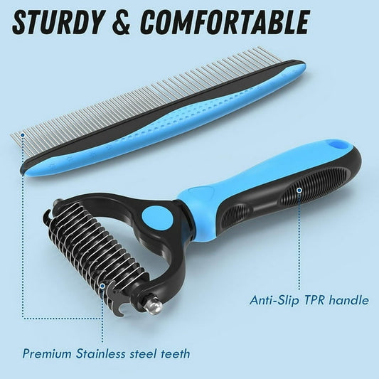 Pet Grooming Brush and Metal Comb, Cat Brush Undercoat Rake for Dogs Grooming Supplies Dematting Deshedding Brush for Shedding, Deshedder Brush Dogs Shedding Tool for Long matted Haired Pets, Blue