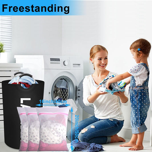 Laundry Basket, 82L Large Collapsible Laundry Baskets with 3pcs Wash Bag, Freestanding & Waterproof Laundry Baskets with Foam Protected Aluminum Handles for Laundry, Dorm, Family