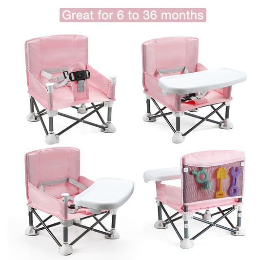 Portable Baby Seat Travel with Tray for Baby | Folding Portable Baby Booster Seat for Dining Table, Camping, Beach, Grandma’s | Tip-Free Design Straps to Kitchen Chairs - Infant Dining Chair (Pink)