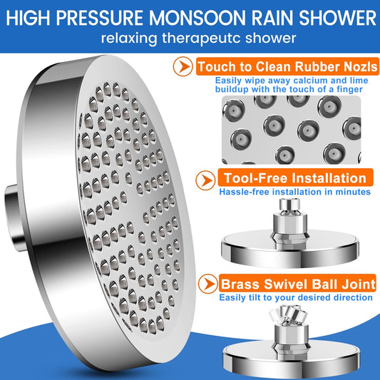 Shower Head, 6" High Pressure Rain Showerhead, Adjustable Chrome Rain Shower Heads
