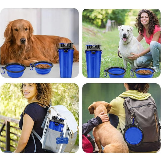 Dog Travel Water Bottle Collapsible Dog Bowls, 2 in 1 Pet Food Container, Portable Dog Bowls Water Bottle with Dog Poop Bag Dispenser for Walking, Camping, and Hiking (Blue)