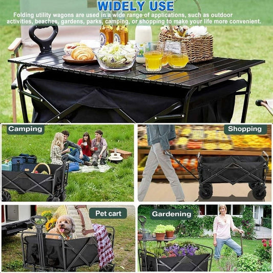 Collapsible Folding Wagon,Heavy Duty Wagon Cart Foldable with Aluminum Table Plate and Extra Pocket / Storage Bag,Utility Garden Carts for Camping Shopping Sports