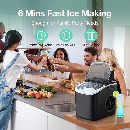 Countertop Ice Maker, Ice Maker Machine 6 Mins 9 Bullet Ice, 26.5lbs/24Hrs, Portable Ice Maker Machine with Self-Cleaning, Ice Scoop, and Basket, Compact Ice Maker for Home/Kitchen/Office/Party/RV