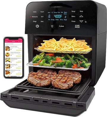 Axpaki Brio 15.5Qt Air Fryer Rotisserie Oven, X-Large Family Size, Powerful 1800W, 4 Rack Positions, 50°-425°F Temp Controls, 100 Presets & 50 Memory, Integrated Smart Thermometer, Linear T Technology