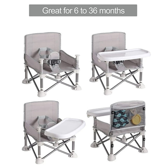 Portable Baby Seat Travel with Tray for Baby | Folding Portable Baby Booster Seat for Dining Table, Camping, Beach, Grandma’s | Tip-Free Design Straps to Kitchen Chairs - Infant Dining Chair (Grey)