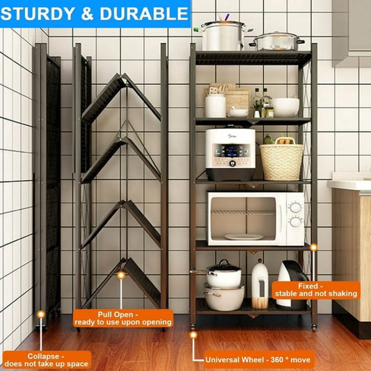 Musment 5-Tier Storage Shelf Rack, 397lbs Capacity Heavy Duty Metal Shelf , Foldable Storage Shelving Unit with Wheels, Garage Shelf, Metal Storage Rack, Kitchen Shelf , No Assemble Require