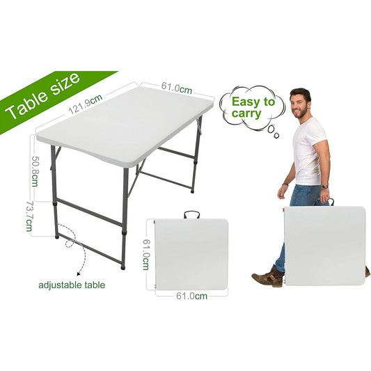 4 Foot Folding Table, Fold-in-Half Adjustable Height Camping Table, Indoor/Outdoor Essential