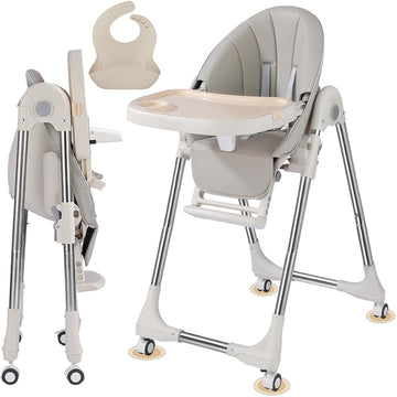 Baby High Chair, High Chairs for Babies and Toddlers, Tray & Backrest & Adjustable Height, Five-Point Safety Belt and Double Tray and Swivel Silent Rollers, Space-Saving Folding High Chair-(Grey)