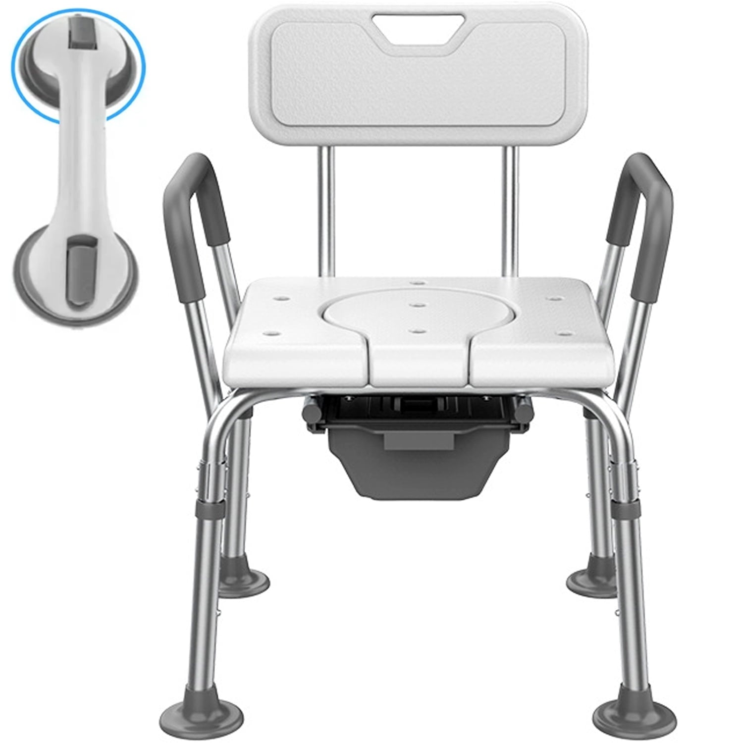 Shower Chair, Shower Stool with Shower Grab Bar for Bathtub, Bedside Commode with Detachable Bucket for Elderly, Seniors, Disabled, White