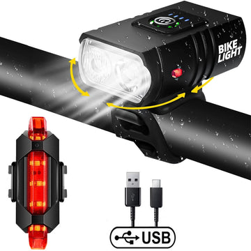 Bike Light, High Lumens Super Bright Bicycle Light, IPX5 Waterproof Safety Bike Front & Rear Light for Road, Mountain, Night Riding - Black