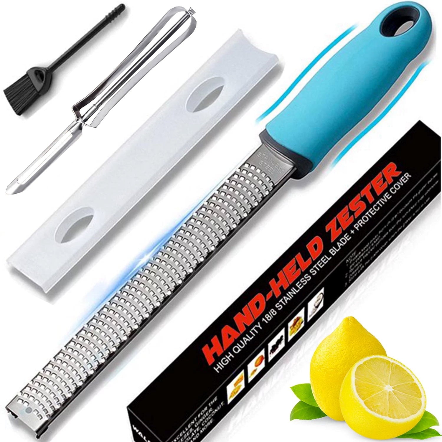 Cheese Grater & Citrus Lemon Zester - Parmesan Cheese, Lemon, Ginger, Garlic, Nutmeg, Chocolate, Vegetables, Fruits - Razor-Sharp Stainless Steel Blade With Protect Cover - Dishwasher Safe