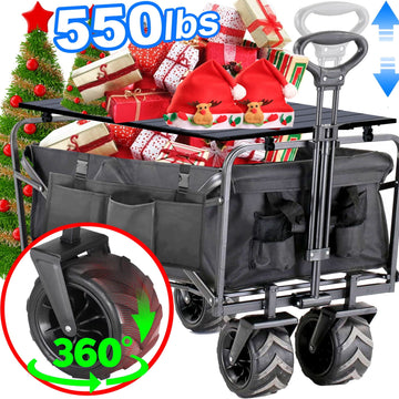 Collapsible Folding Wagon,Heavy Duty Wagon Cart Foldable with Aluminum Table Plate and Extra Pocket / Storage Bag,Utility Garden Carts for Camping Shopping Sports