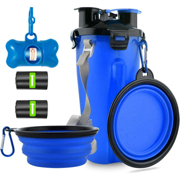 Dog Travel Water Bottle Collapsible Dog Bowls, 2 in 1 Pet Food Container, Portable Dog Bowls Water Bottle with Dog Poop Bag Dispenser for Walking, Camping, and Hiking (Blue)