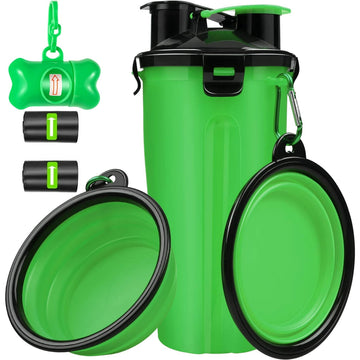 Dog Travel Water Bottle Collapsible Dog Bowls, 2 in 1 Pet Food Container, Portable Dog Bowls Water Bottle with Dog Poop Bag Dispenser for Walking, Camping, and Hiking (Green)