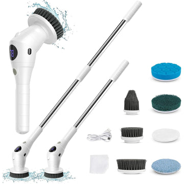 Electric Spin Scrubber Cleaning Brush, Electric Cordless Shower Scrubber Cleaner Brush with Adjustable Extension, 4 Replaceable Cleaning Heads, Power Shower Scrubber for Bathtub Grout Tile Floor