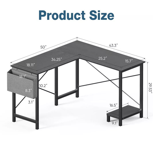 Musment L Shaped Computer Desk - Gaming Corner 50 Inch Office Writing PC Wooden Table with CPU Storage Shelf & Side Bag