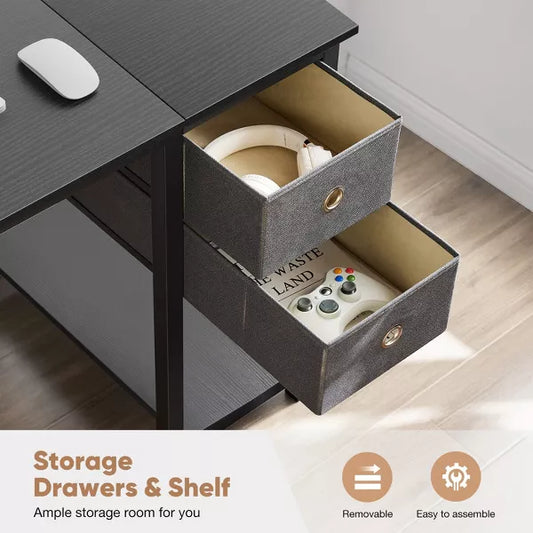 Computer Desk with Drawers Home Office Desk Writing Desk Work Desk PC Table Study Desk with 2-Tier Drawers Storage Shelf Side Hook