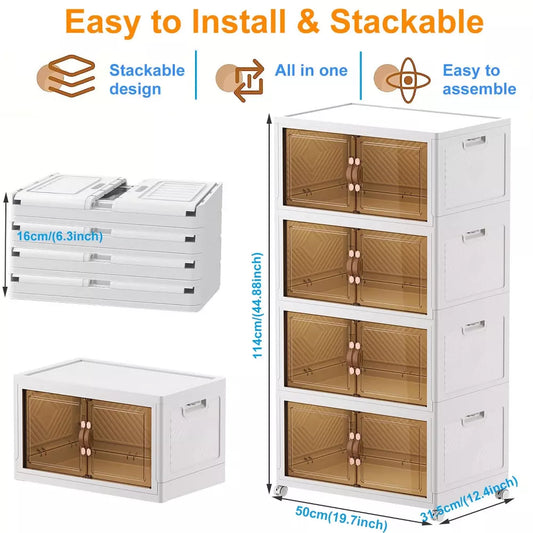 Musment Storage Bins with Lids Folding Storage box with Doors and Wheels, White