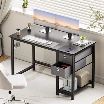 Computer Desk with Drawers Home Office Desk Writing Desk Work Desk PC Table Study Desk with 2-Tier Drawers Storage Shelf Side Hook