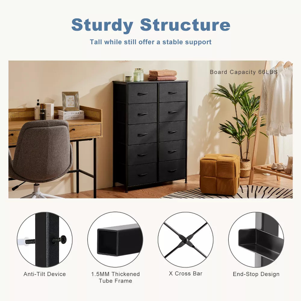 Tall Dresser Fabric Storage Tower ,Wooden Top for Kid Room, Closet, Entryway, Nursery