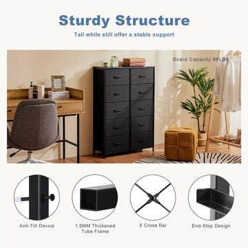 Tall Dresser Fabric Storage Tower ,Wooden Top for Kid Room, Closet, Entryway, Nursery