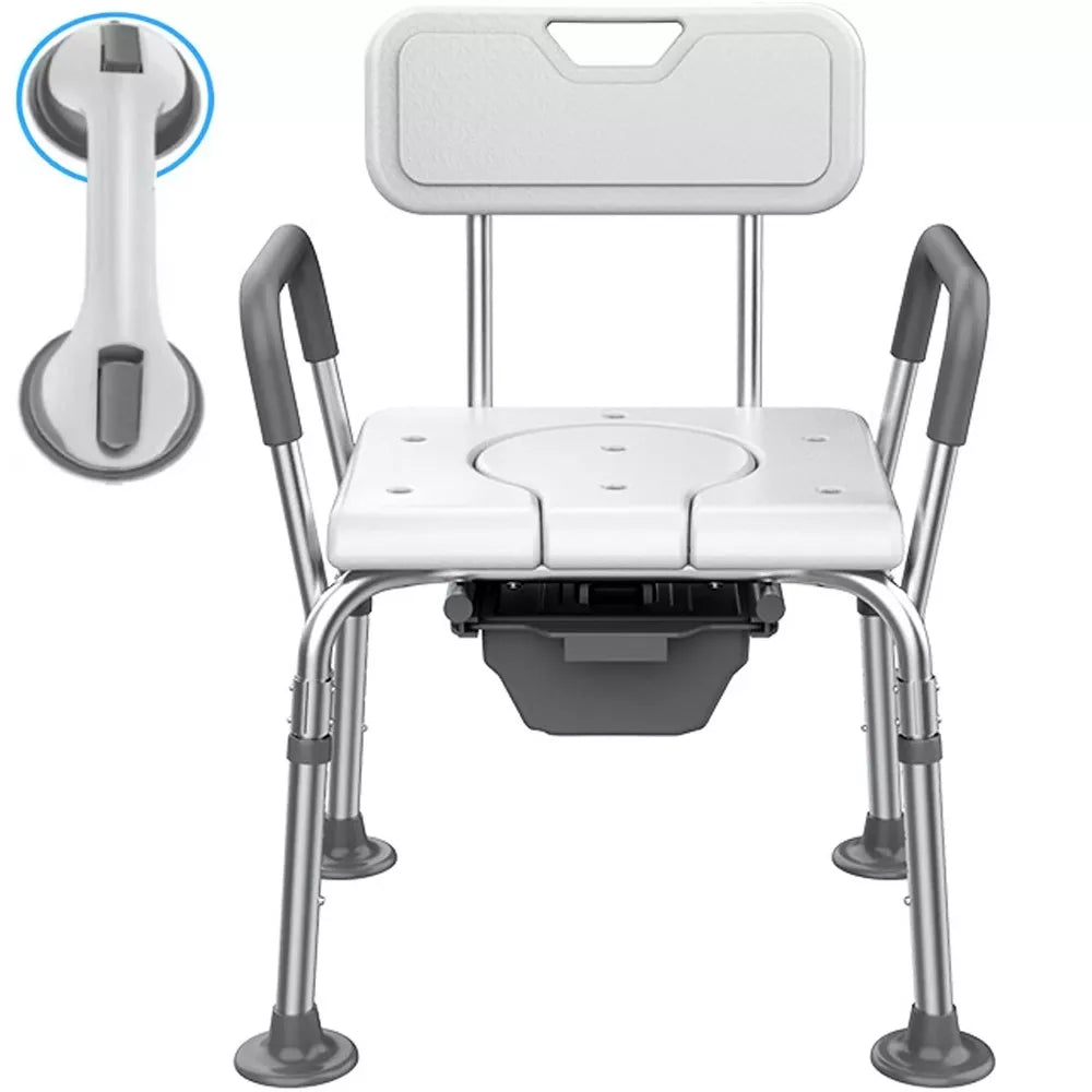 Musment Shower Chair, Shower Stool with Shower Grab Bar for Bathtub, Bedside Commode with Detachable Bucket for Elderly, Seniors, Disabled, White
