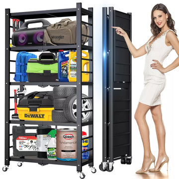 Storage Shelving Unit, Metal Shelf 15.35"W x 15.35"D x 62.20"H, Foldable Storage Shelf with Wheels, Garage Shelf, Kitchen Shelf