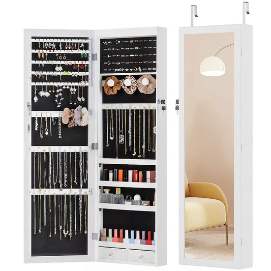 Musment Wall-Mount/Door-Hanging Jewelry Armoire Large Capacity Mirror & LED Lights Lockable Organizer, 47.2-Inch Tall 6 LEDs Lockable Jewelry Cabinet