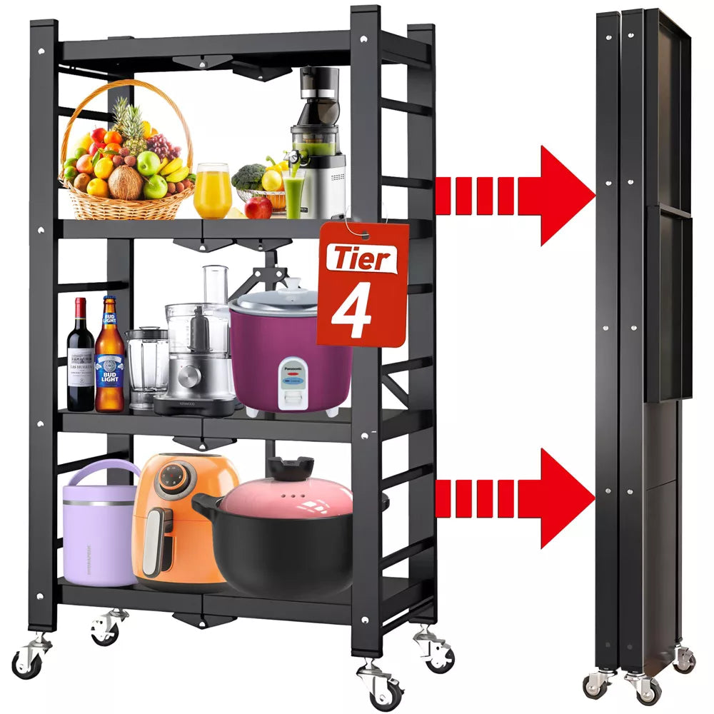 Musment 4-Tier Storage Shelf Rack, 250lbs Capacity Heavy Duty Metal Shelf , Foldable Storage Shelving Unit with Wheels, Garage Shelf