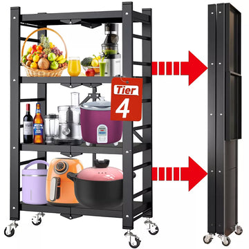 Musment 4-Tier Storage Shelf Rack, 250lbs Capacity Heavy Duty Metal Shelf , Foldable Storage Shelving Unit with Wheels, Garage Shelf