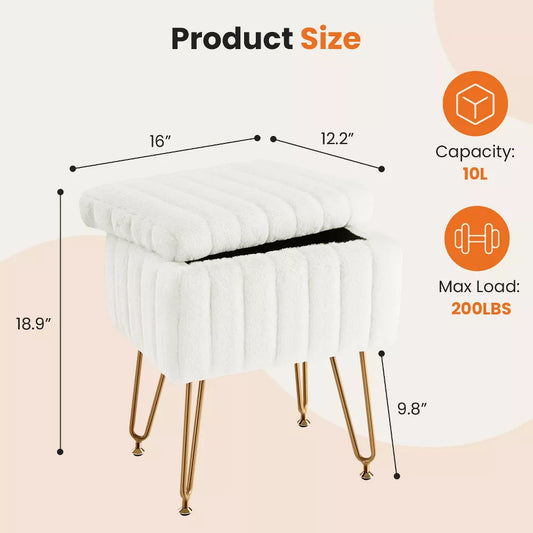 Musment Vanity Stool Chair with Storage, Ottoman Faux Fur Soft Padded Makeup Footstools Seat with 4 Metal Legs