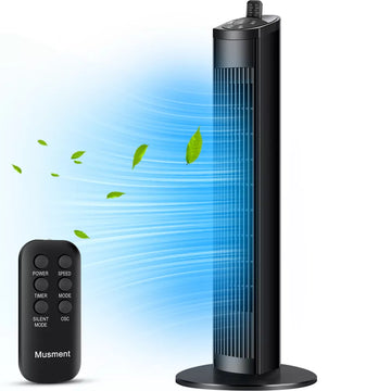 Musment 36" Tower Fan, Quiet Bladeless Oscillating Fan with Remote Control, 3-Speed Settings, Built in 15h Timer LED Display Compact Fans