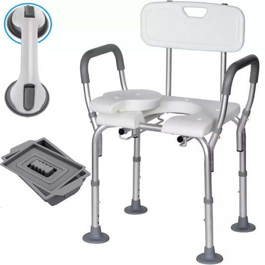Musment Shower Chair, Shower Stool with Shower Grab Bar for Bathtub, Bedside Commode with Detachable Bucket for Elderly, Seniors, Disabled, White