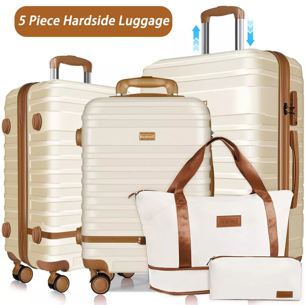 Musment 5 Piece Luggage Sets ABS Hardshell Lightweight Suitcase with TSA Lock and Double Spinner Wheels , Ivory white