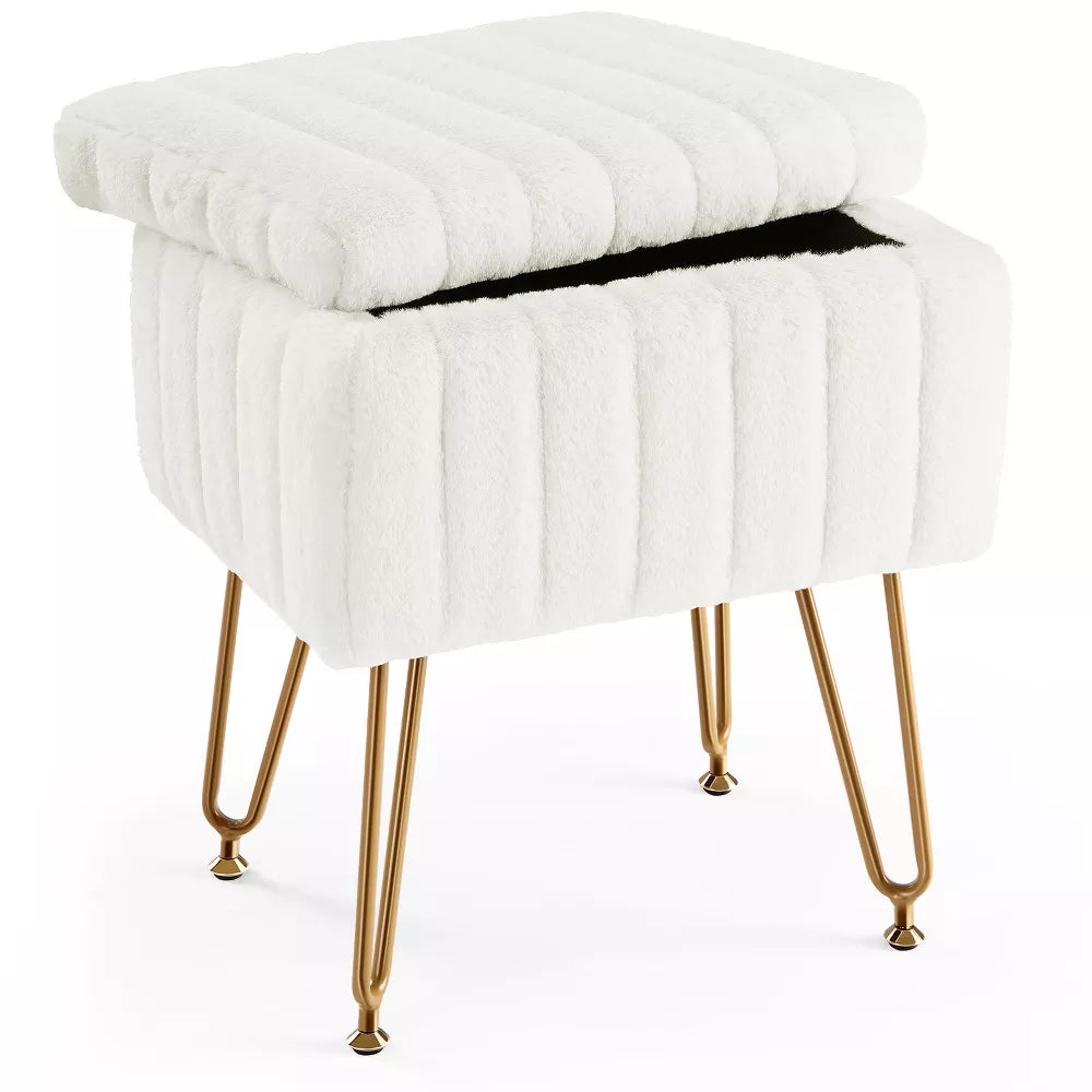 Musment Vanity Stool Chair with Storage, Ottoman Faux Fur Soft Padded Makeup Footstools Seat with 4 Metal Legs