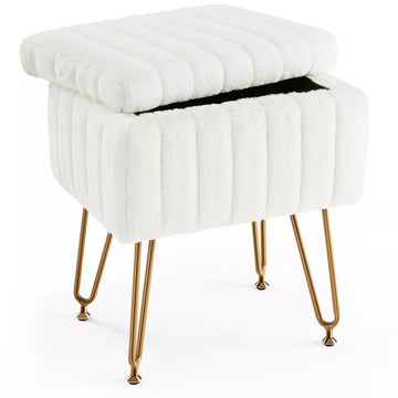 Musment Vanity Stool Chair with Storage, Ottoman Faux Fur Soft Padded Makeup Footstools Seat with 4 Metal Legs