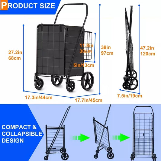 Folding Shopping Cart with Wheels, 360° Swivel Design, Heavy Duty Utility Cart, Black