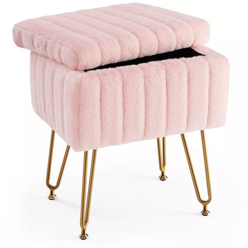 Musment Vanity Stool Chair with Storage, Ottoman Faux Fur Soft Padded Makeup Footstools Seat with 4 Metal Legs