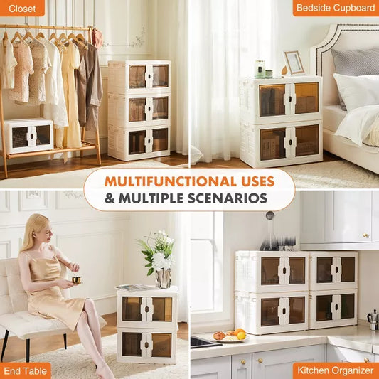 Musment Storage Bins with Lids- 1-3 Tier Folding Storage box with Doors and Wheels, Collapsible Plastic Storage Bins for Closets