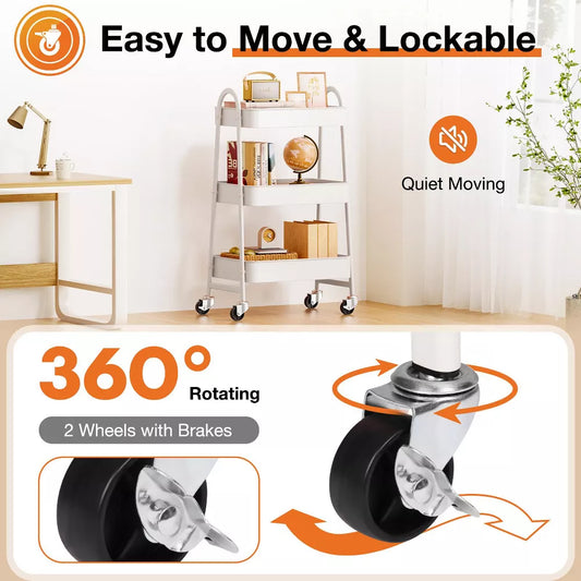 Musment 3 Tier Rolling Cart, Metal Utility Cart Storage Organizer Kitchen Trolley Bathroom Laundry Room Bar Office Shelves