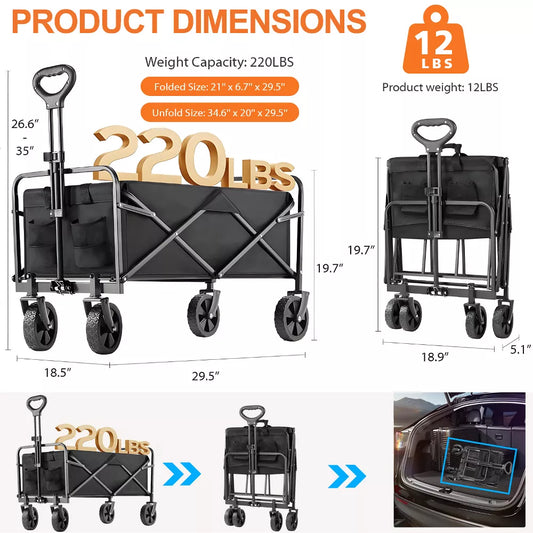 Collapsible Folding Wagon Cart, Camping & Shopping, Heavy Duty Utility Wagon with All-Terrain Wheels