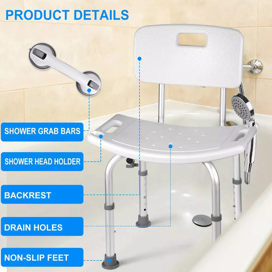Musment Shower Chair with Shower Head Holder and Shower Grab Bar, Shower Stool for Bathtub , White